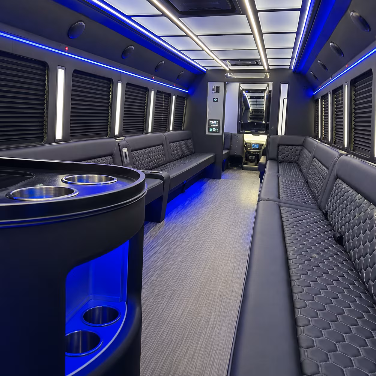 Passenger seating aboard a party bus rental serving Salinas